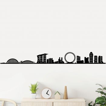 Decoratiune de perete, Singapore Skyline, Metal, Dimensiune: 125 x 14 cm, Negru