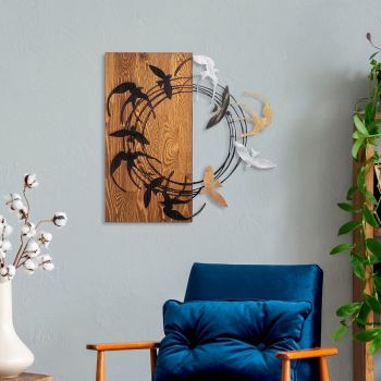 Decoratiune de perete, Spiral Birds 2, Lemn/metal, Dimensiune: 58 x 58 cm, Nuc / Negru