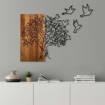 Decoratiune de perete, Tree And Birds 1, Lemn/metal, Dimensiune: 61 x 58 cm, Nuc / Negru