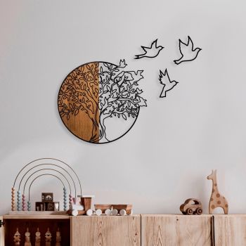 Decoratiune de perete, Tree And Birds 2, Lemn/metal, Dimensiune: 60 x 56 cm, Nuc / Negru