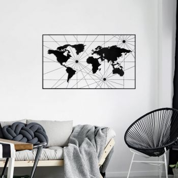 Decoratiune de perete, World Map 16, Metal, Dimensiune: 120 x 70 cm, Negru