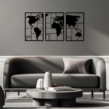 Decoratiune de perete, World Map 3, Metal, 48 x 74 cm, 3 piese, Negru