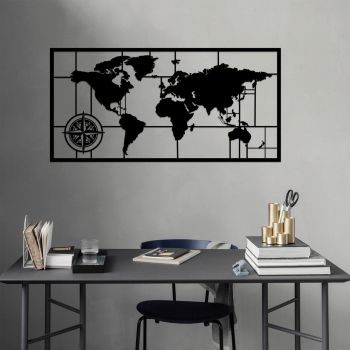 Decoratiune de perete, World Map Metal Decor 7, Metal, Dimensiune: 121 x 60 cm, Negru