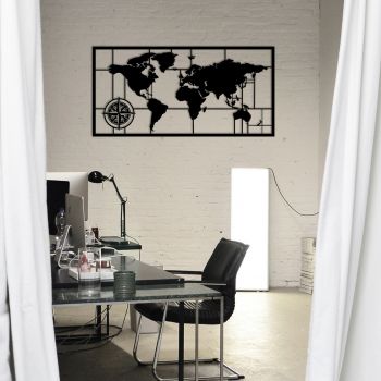 Decoratiune de perete, World Map Metal Decor 7, metal, 121 x 60 cm, negru