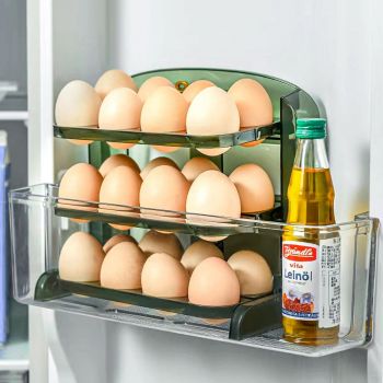 Suport organizator oua, pentru frigider, capacitate 28 oua, 3 niveluri, 23x20,5x11 cm, Happymax