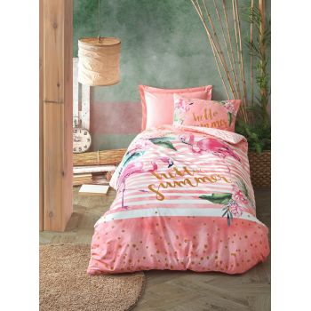 Lenjerie de pat pentru o persoana Young, Hello Summer - Pink, Cotton Box, Bumbac Ranforce ieftina