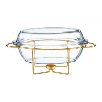 Chafing dish / Vas termorezistent cu incalzitor Saule, Ambition, 4.5L (1,7+2,8L) , sticla, suport auriu