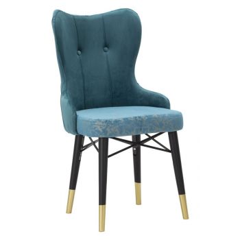 Set 2 scaune tapitate cu stofa si picioare din lemn Kelebek Velvet Teal / Negru / Auriu, l52xA60xH95 cm