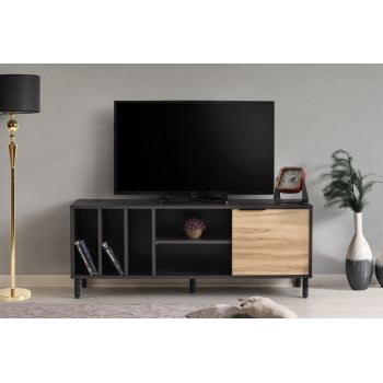 Comoda Tv cu rafturi Gordes - Dark Brown, Stejar - Maro , 140x55x40 cm