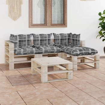 vidaXL Set mobilier grădină din paleți, 5 piese, cu perne, lemn de pin