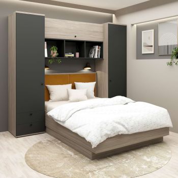 Dormitor RIALTO 1, pat incadrat, Oak, Antracit, Catifea Galben Mustar la reducere