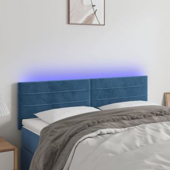 vidaXL Tăblie de pat cu LED, albastru închis, 144x5x78/88 cm, catifea