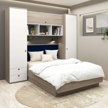 Dormitor RIALTO 1, pat incadrat, Oak, Alb, Catifea Albastra