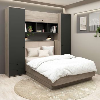 Dormitor RIALTO 1, pat incadrat, Oak, Antracit, Catifea Bej ieftina