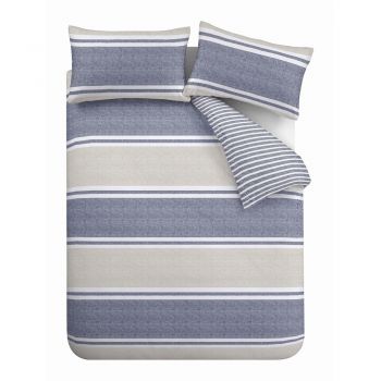 Lenjerie albastră/bej pentru pat dublu/extinsă 230x220 cm Banded Stripe - Catherine Lansfield