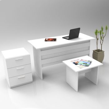 Set de mobilier de birou Hurchis, Alb - Nuc - Stejar, 3 Piese, Birou - Rollbox - Masuta