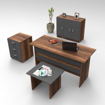 Set de mobilier de birou Torrens, Alb - Nuc - Stejar, 4 Piese, Birou - Biblioteca - Rollbox - Masuta ieftin