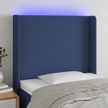 vidaXL Tăblie de pat cu LED, albastru, 103x16x118/128 cm, textil