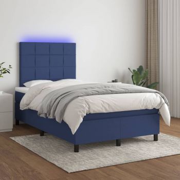 vidaXL Pat cu arcuri, saltea și LED, albastru, 120x200 cm, textil