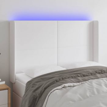vidaXL Tăblie de pat cu LED, alb, 147x16x118/128 cm, piele ecologică