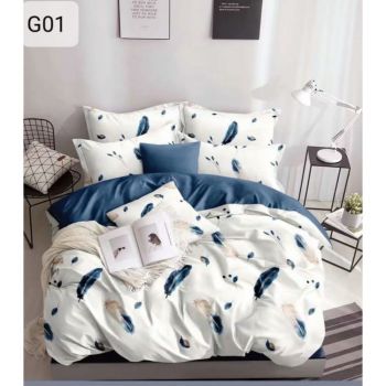 Lenjerie de pat, 2 persoane, Poly G01, microfibra 100%, 4 piese, alb + albastru, model pene