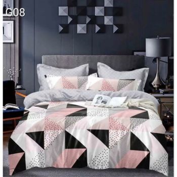 Lenjerie de pat, 2 persoane, Poly G08, microfibra 100%, 4 piese, alb-roz, model geometric ieftina