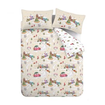 Lenjerie de pat albă-bej pentru pat dublu-extinsă 200x220 cm Christmas Town – Catherine Lansfield