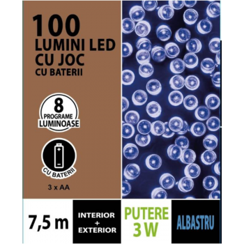 Instalatie brad Craciun Cris, 100 LED-uri albastre, 7.5 m, timer, interior / exterior, alimentare baterii