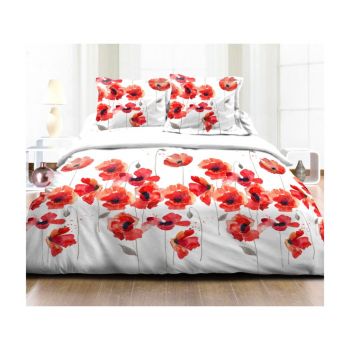 Lenjerie de pat Homeberry Ramona, 2 persoane, bumbac 100%, 4 piese, imprimeu floral, alb + rosu + gri