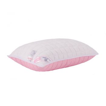 Perna matlasata 4 anotimpuri pentru dormit, antialergica, fibre de poliester siliconizat + bumbac + microfibra, roz/ alb, 50 x 70 cm