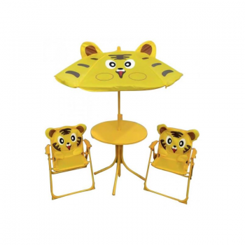 Set mobilier pentru gradina pliabil pentru copii MCT Garden, compus din 1 masa cu umbrela, 2 scaune, Galben