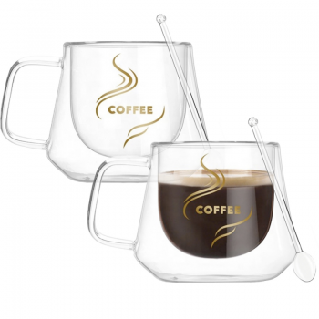Set 2 cesti cafea cu pereti dubli cu 2 lingurite, Quasar & Co, 200 ml, termorezistenta, model rotund, transparent
