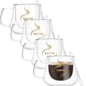 Set 4 cesti cafea cu pereti dubli cu 4 lingurite, Quasar & Co, 200 ml, termorezistenta, model rotund, transparent