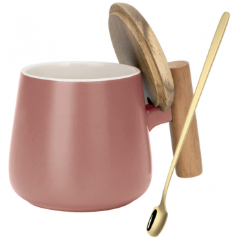 Set cana cafea/ceai si lingurita, Quasar & Co, cu capac si maner bambus, lingurita, ceramica, 350 ml, roz pudrat ieftina