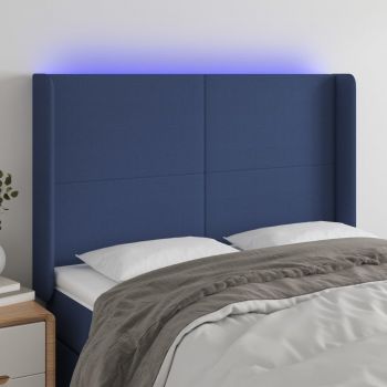vidaXL Tăblie de pat cu LED, albastru, 147x16x118/128 cm, textil