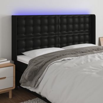 vidaXL Tăblie de pat cu LED, negru, 183x16x118/128 cm, piele ecologică