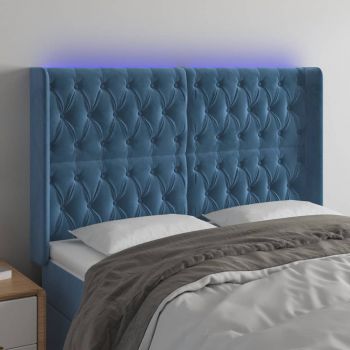 vidaXL Tăblie de pat cu LED, albastru închis, 163x16x118/128cm catifea