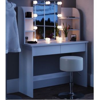 SEA251 - Set Masa alba toaleta cosmetica machiaj oglinda masuta vanity, oglinda cu LED si rafturi ieftina