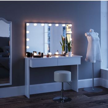 SEA252 - Set Masa alba toaleta moderna, 120 cm, cosmetica machiaj oglinda cu sau fara LED, masuta vanity cu sau fara bancuta/scaun, ieftina