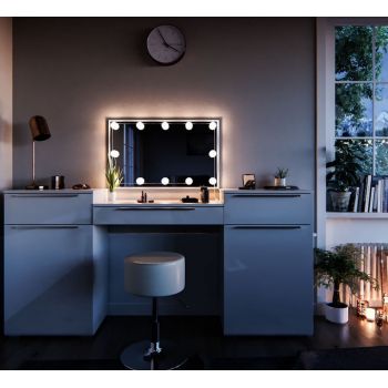 SEA254 - Set Masa alba toaleta moderna cosmetica machiaj oglinda cu LED, masuta vanity ieftina