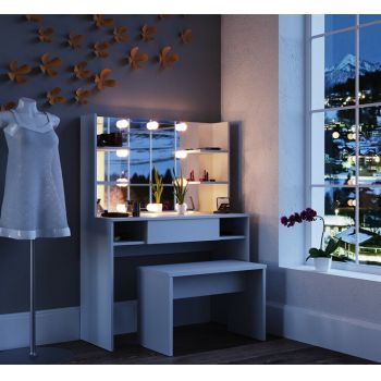 SEA269 - Set Masa toaleta cosmetica machiaj, 100 cm, cu oglinda make-up cu sau fara LED-uri, masuta vanity - Alb