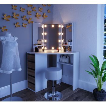 SEA274 - Set Masa toaleta cosmetica machiaj, cu oglinda make-up cu sau fara LED-uri, masuta vanity - Alb cu Maro pe colt ieftina
