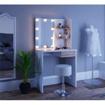 SEA276 - Set Masa toaleta 75 cm, cosmetica machiaj oglinda cu sau fara LED, masuta vanity Alb-Maro ieftina
