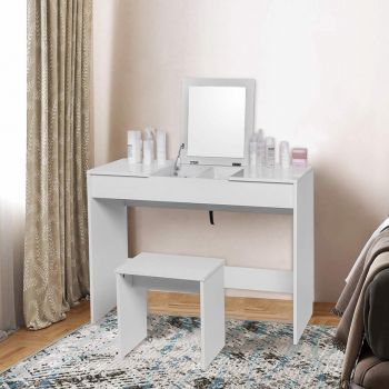 SEA280 - Set Masa alba toaleta, 100 cm, cosmetica machiaj oglinda pliabila masuta vanity, scaunel, taburet ieftina