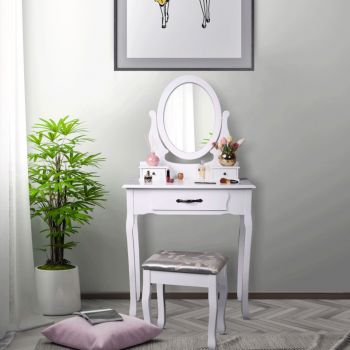 SEA607 - Set Masa toaleta, 72 cm, consola cosmetica machiaj masuta vanity make-up cu oglinda si scaun tapitat- Alb ieftina