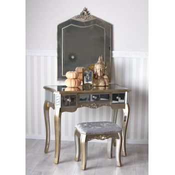 SEG111 - Set Masa Argintie toaleta, 90 cm, cosmetica machiaj oglinda masuta, scaun, taburet tapitat ieftina