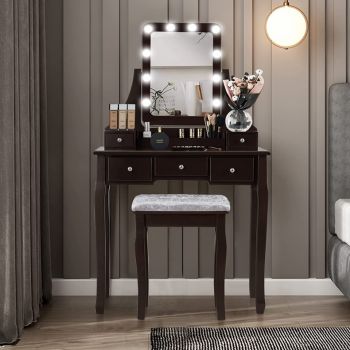 SEM107 - Set Masa toaleta cosmetica 80 cm machiaj masuta vanity, oglinda cu LED - Maro ieftina
