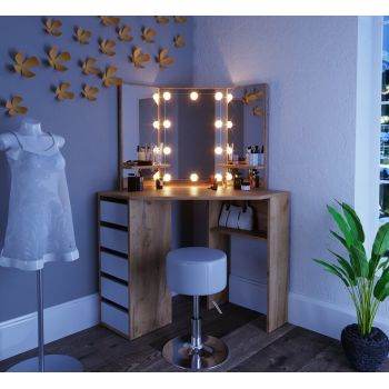 SEM216 - Set Masa toaleta cosmetica machiaj, cu oglinda make-up cu sau fara LED-uri, masuta vanity - Maro pe colt ieftina