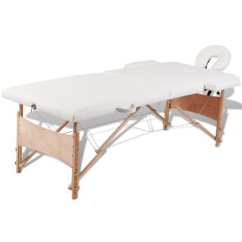 Masă de masaj pliabilă 2 părți cadru din lemn Alb-Crem