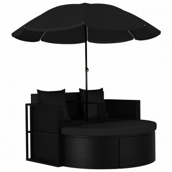 Pat de grădină cu umbrelă de soare negru poliratan